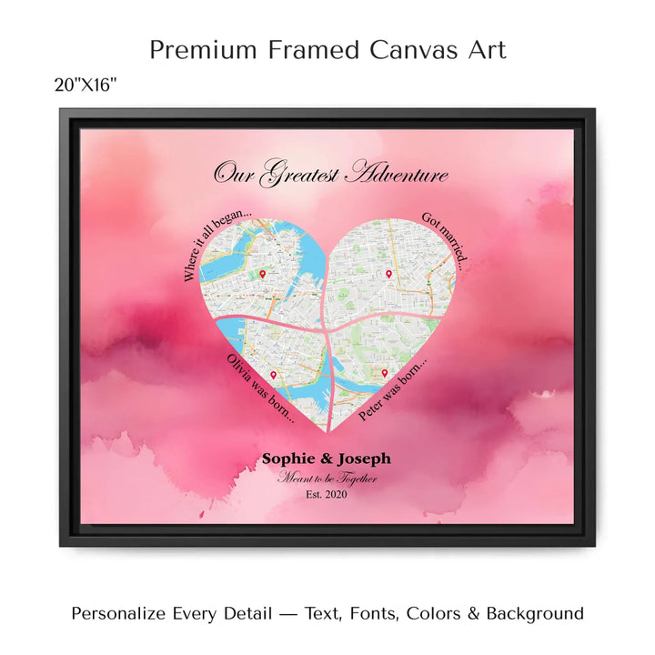 Personalized heart map print showing four meaningful locations with custom title, labels, names, and date - 20x16 framed canvas-ARTFULANE