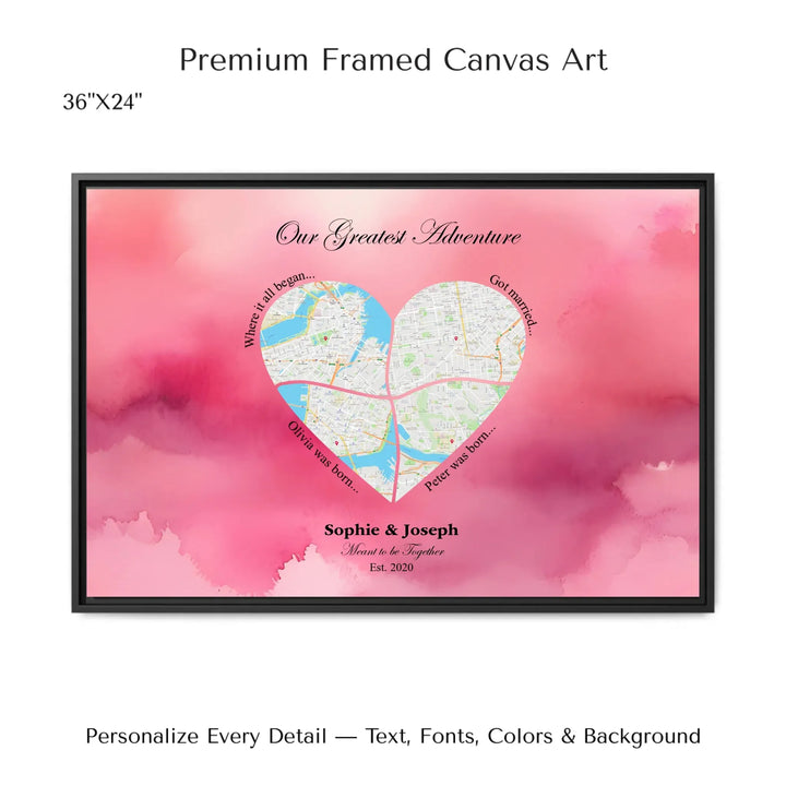 Personalized heart map print showing four meaningful locations with custom title, labels, names, and date - 36x24 framed canvas-ARTFULANE