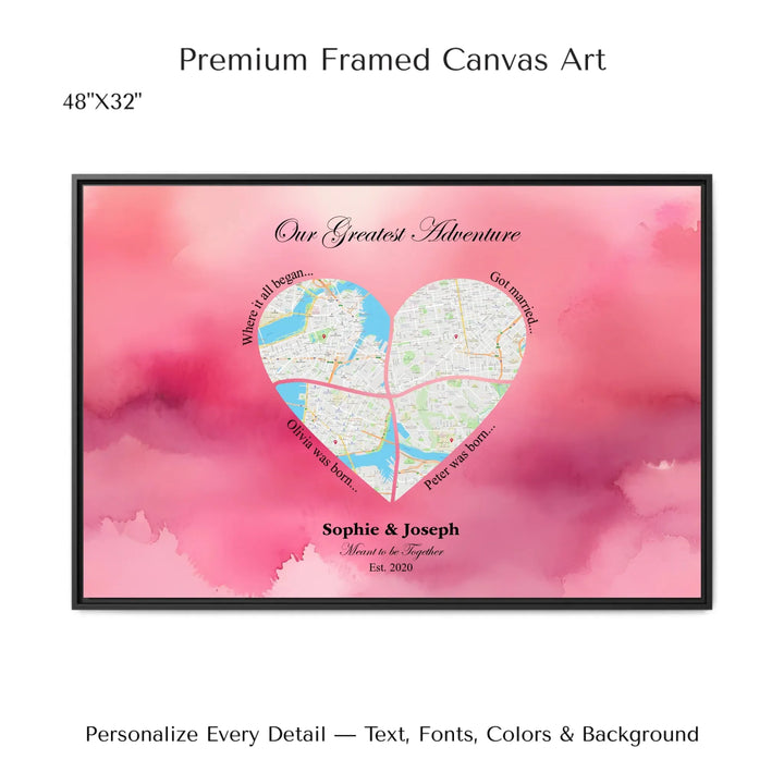 Personalized heart map print showing four meaningful locations with custom title, labels, names, and date - 48x32 framed canvas-ARTFULANE