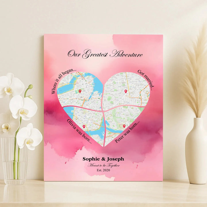Personalized heart map print showing four meaningful locations with custom title, labels, names, and date - vertical unframed canvas-ARTFULANE