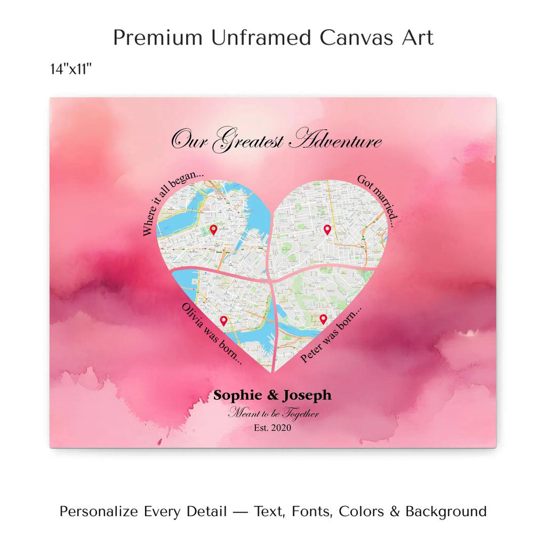Personalized heart map print showing four meaningful locations with custom title, labels, names, and date - 14x11 stretched canvas-ARTFULANE