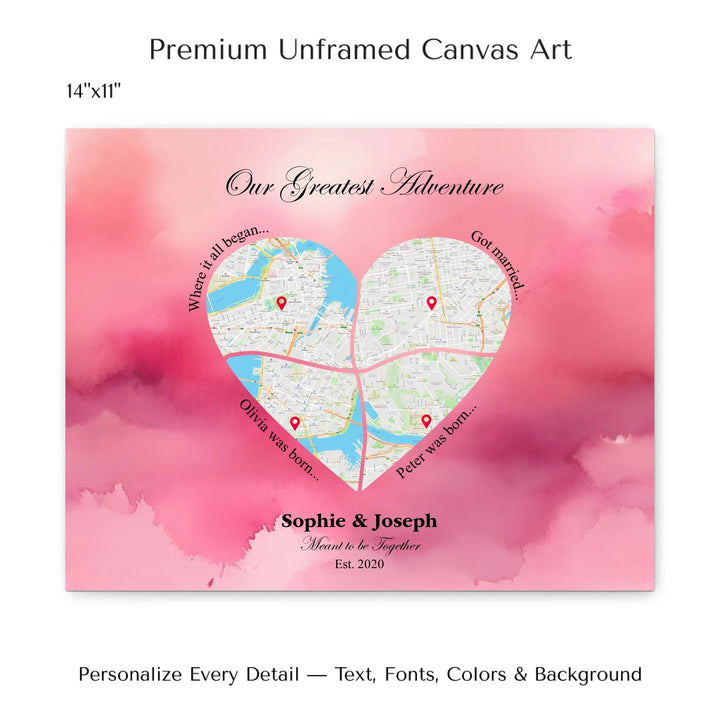 Personalized heart map print showing four meaningful locations with custom title, labels, names, and date - 14x11 stretched canvas-ARTFULANE