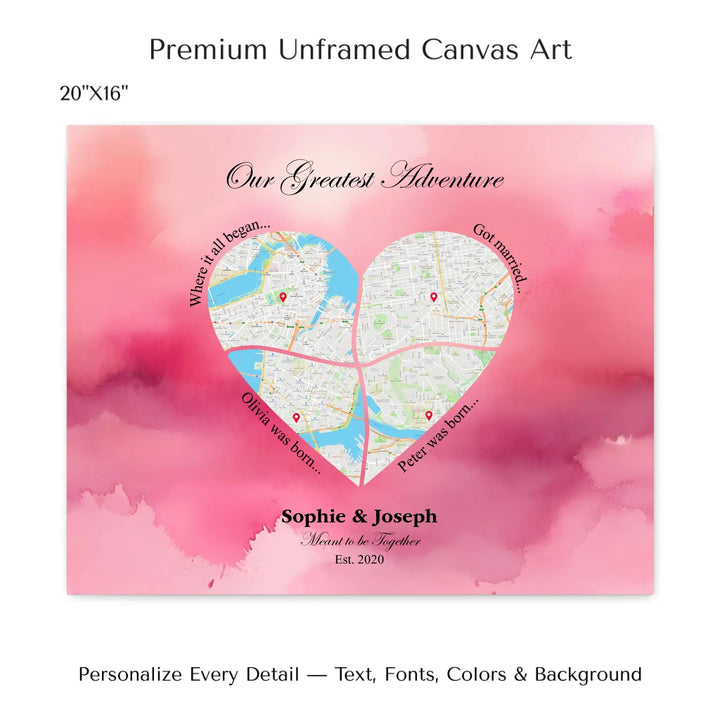Personalized heart map print showing four meaningful locations with custom title, labels, names, and date - 20x16 stretched canvas-ARTFULANE