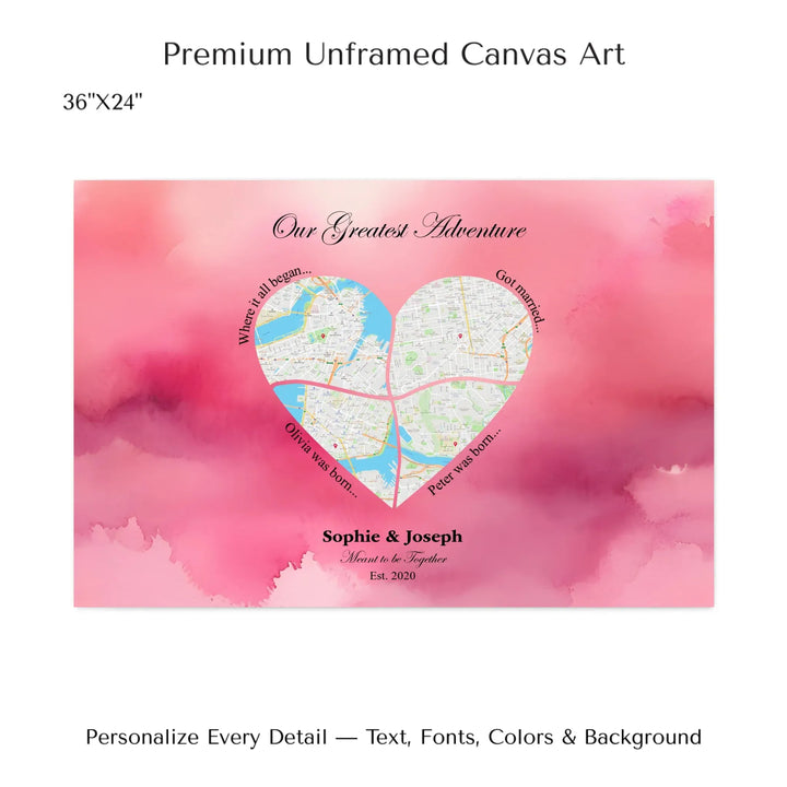 Personalized heart map print showing four meaningful locations with custom title, labels, names, and date - 36x24 stretched canvas-ARTFULANE