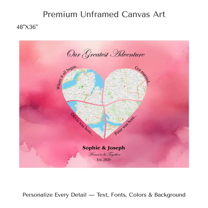 Personalized heart map print showing four meaningful locations with custom title, labels, names, and date - 48x36 stretched canvas-ARTFULANE