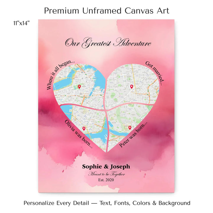 Personalized heart map print showing four meaningful locations with custom title, labels, names, and date - 11x14 stretched canvas-ARTFULANE