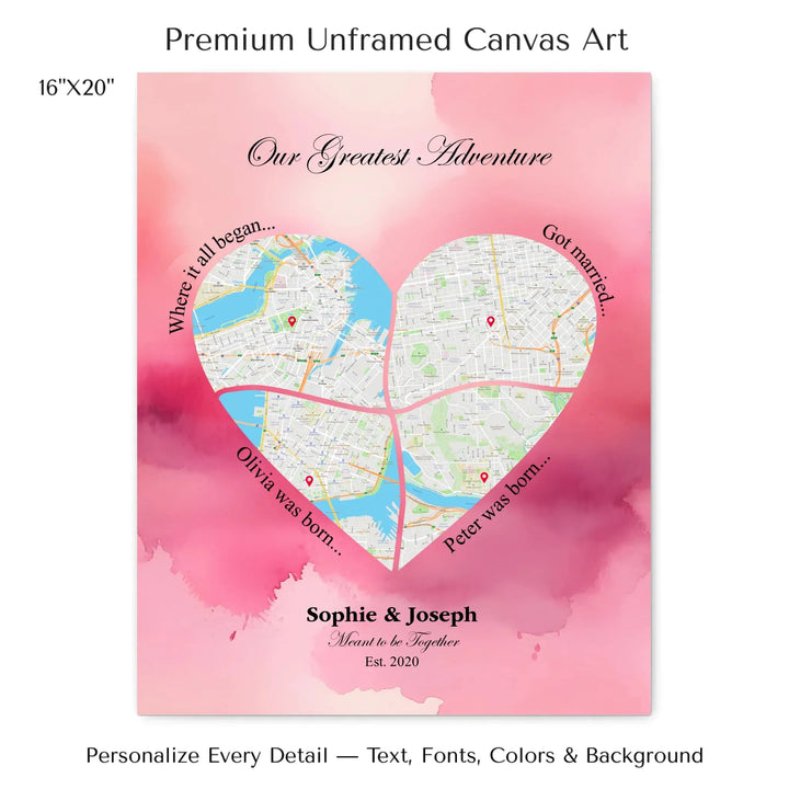 Personalized heart map print showing four meaningful locations with custom title, labels, names, and date - 16x20 stretched canvas-ARTFULANE