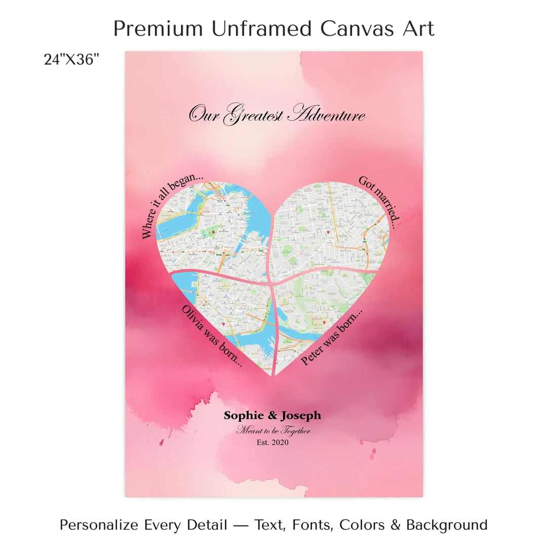 Personalized heart map print showing four meaningful locations with custom title, labels, names, and date - 24x36 stretched canvas-ARTFULANE