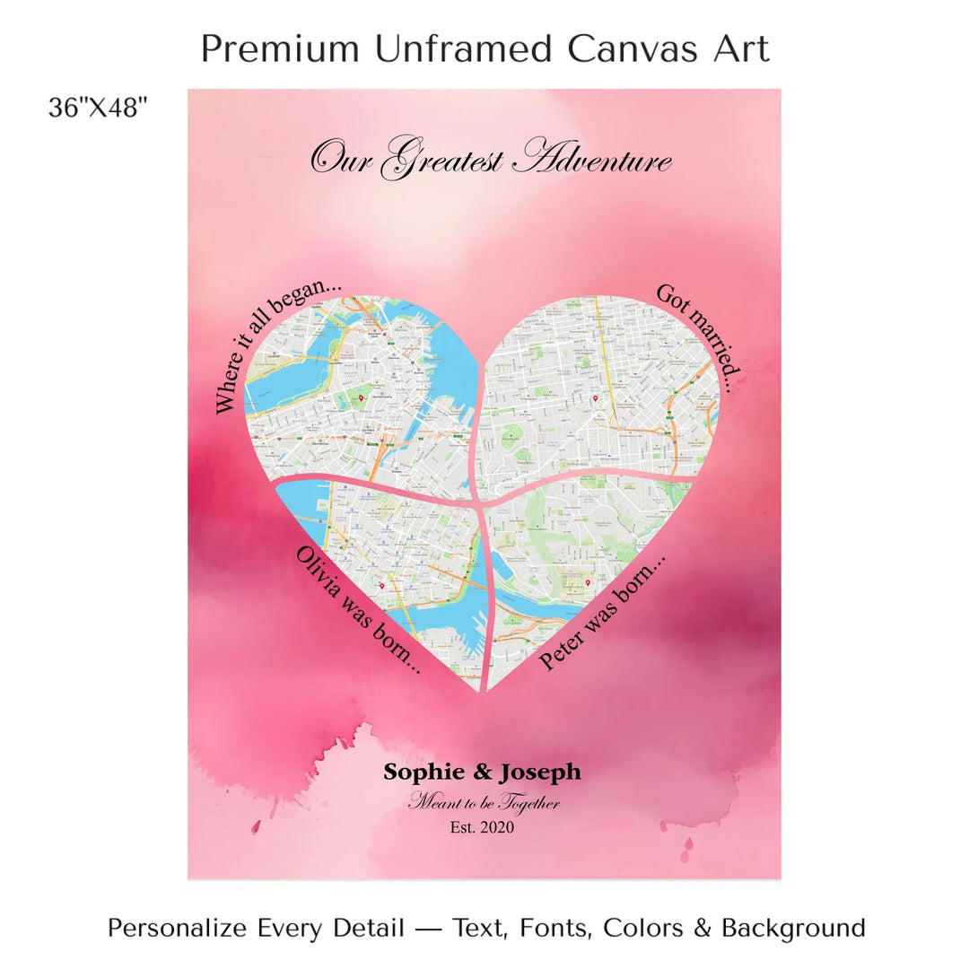 Personalized heart map print showing four meaningful locations with custom title, labels, names, and date - 36x48 stretched canvas-ARTFULANE