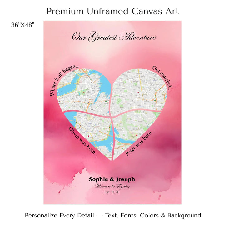 Personalized heart map print showing four meaningful locations with custom title, labels, names, and date - 36x48 stretched canvas-ARTFULANE