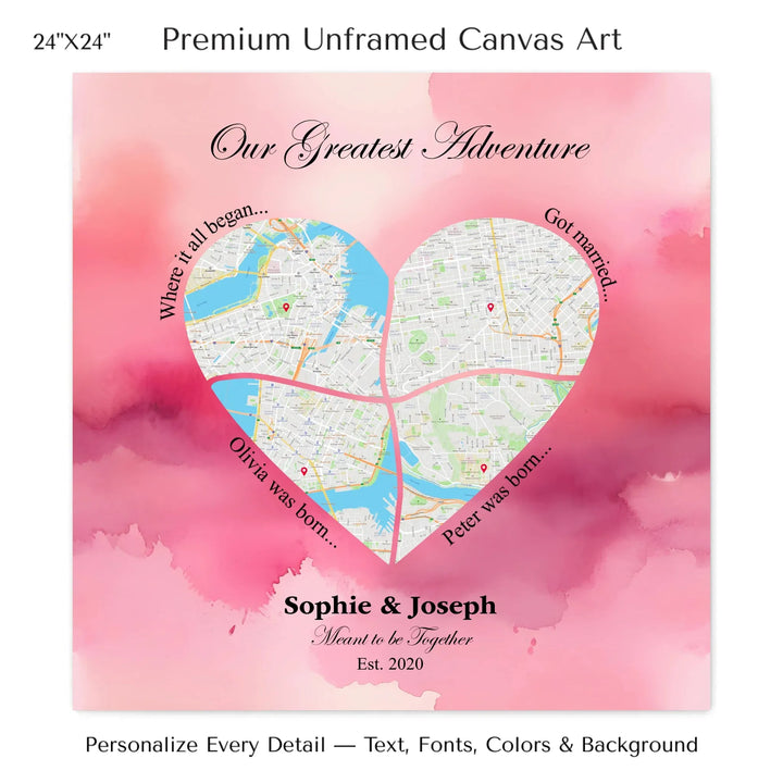 Personalized heart map print showing four meaningful locations with custom title, labels, names, and date - 24x24 stretched canvas-ARTFULANE