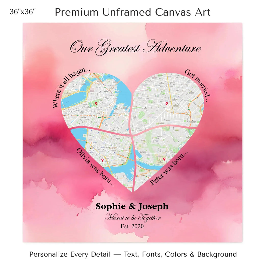 Personalized heart map print showing four meaningful locations with custom title, labels, names, and date - 36x36 stretched canvas-ARTFULANE