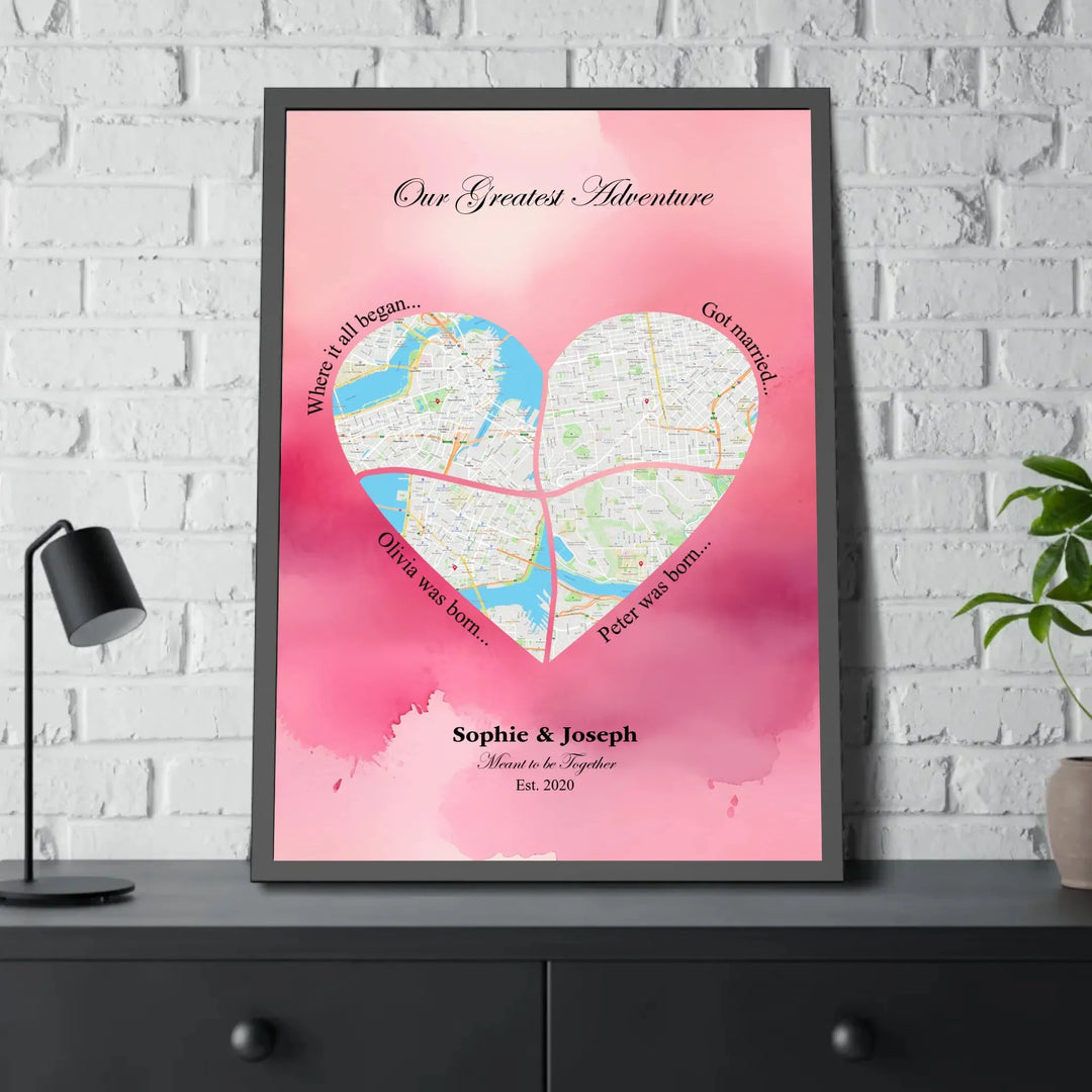 Personalized heart map print showing four meaningful locations with custom title, labels, names, and date - framed poster on table-ARTFULANE