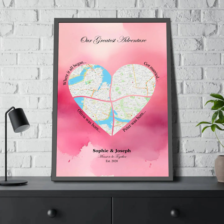 Personalized heart map print showing four meaningful locations with custom title, labels, names, and date - framed poster on table-ARTFULANE