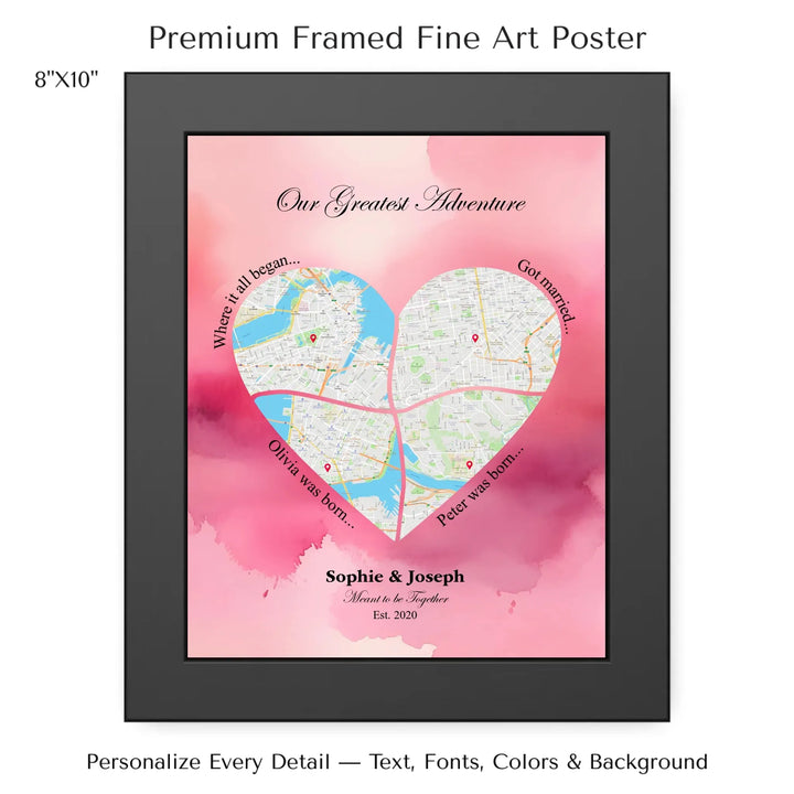Personalized heart map print showing four meaningful locations with custom title, labels, names, and date - 8x10 framed poster-ARTFULANE