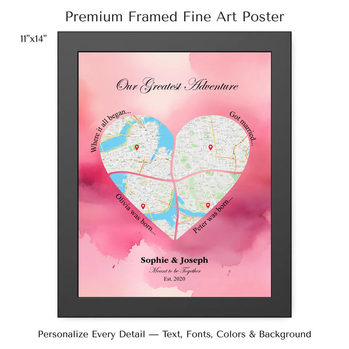 Personalized heart map print showing four meaningful locations with custom title, labels, names, and date - 11x14 framed poster-ARTFULANE