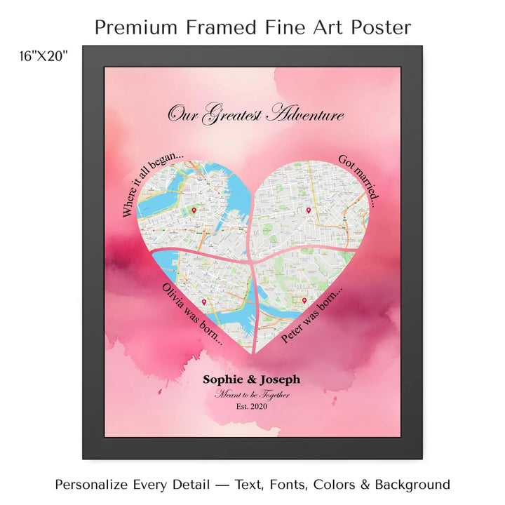 Personalized heart map print showing four meaningful locations with custom title, labels, names, and date - 16x20 framed poster-ARTFULANE