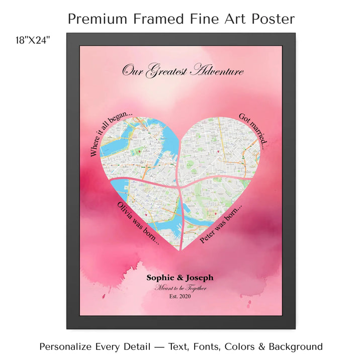 Personalized heart map print showing four meaningful locations with custom title, labels, names, and date - 18x24 framed poster-ARTFULANE