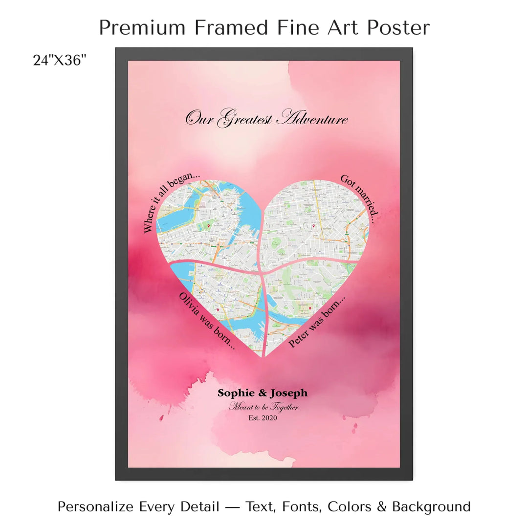 Personalized heart map print showing four meaningful locations with custom title, labels, names, and date - 24x36 framed poster-ARTFULANE