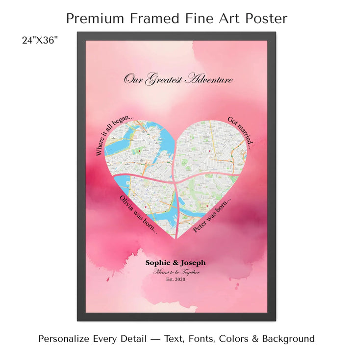 Personalized heart map print showing four meaningful locations with custom title, labels, names, and date - 24x36 framed poster-ARTFULANE