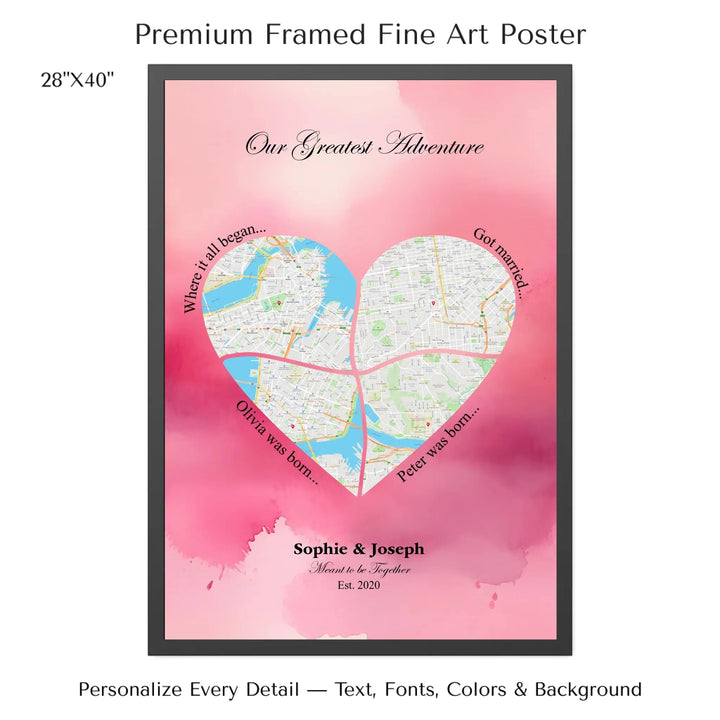 Personalized heart map print showing four meaningful locations with custom title, labels, names, and date - 28x40 framed poster-ARTFULANE