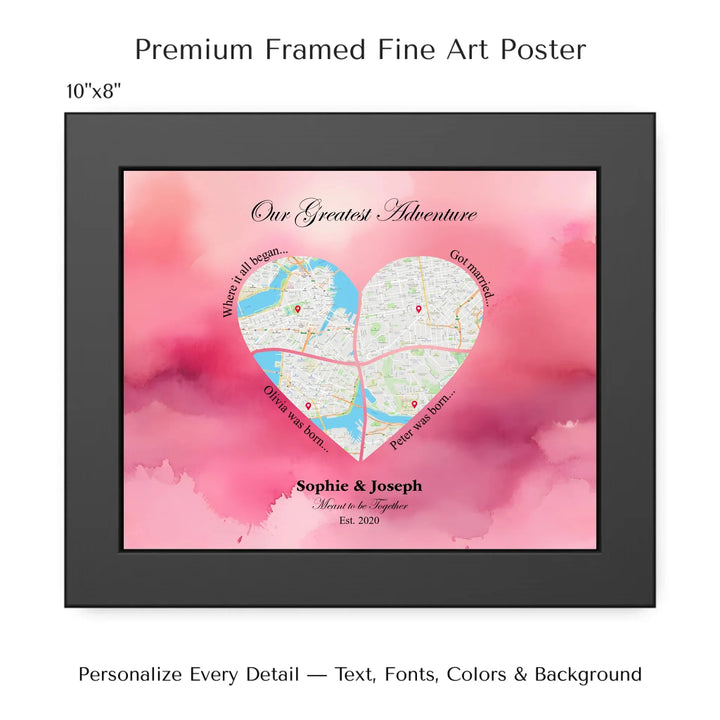 Personalized heart map print showing four meaningful locations with custom title, labels, names, and date - 10x8 framed poster-ARTFULANE