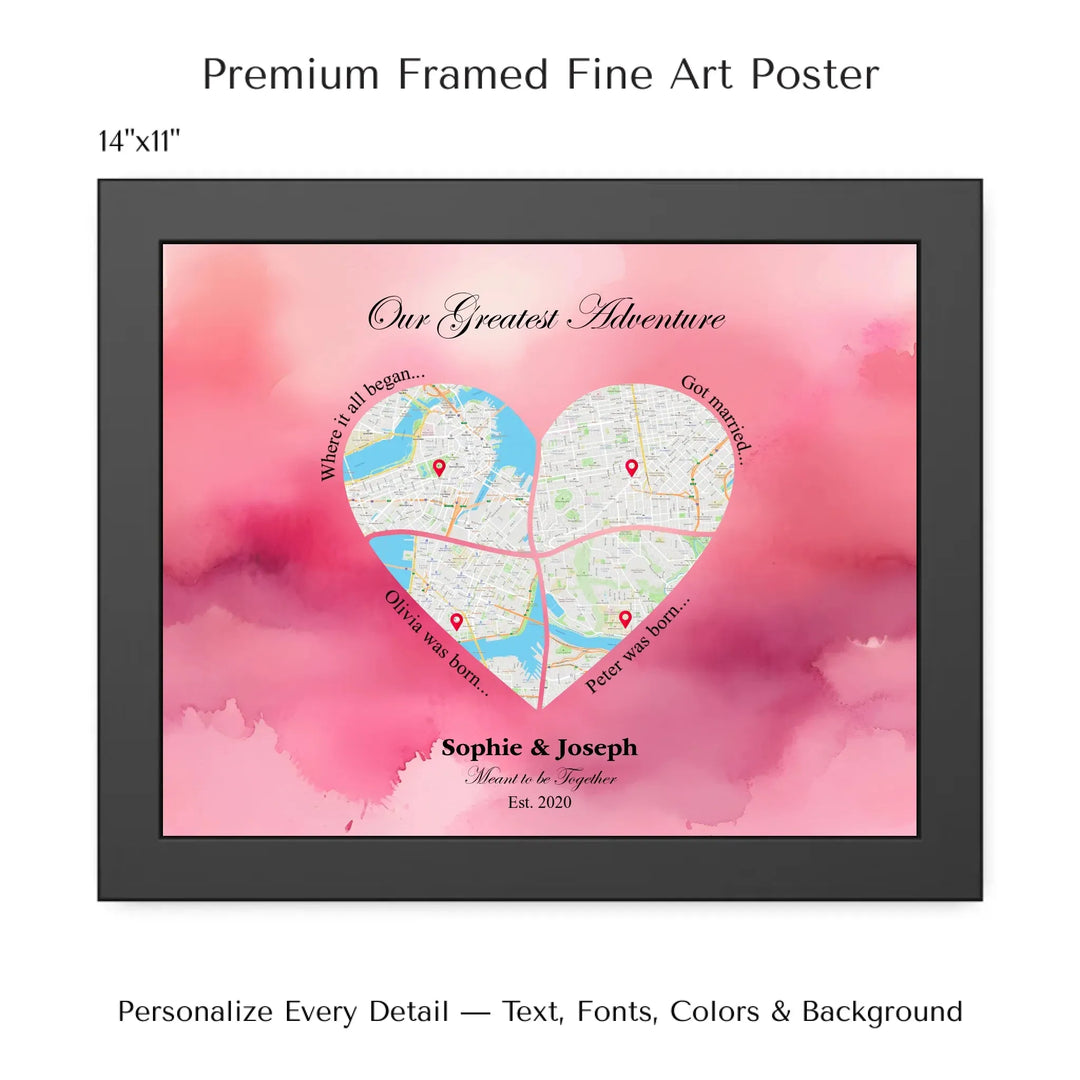 Personalized heart map print showing four meaningful locations with custom title, labels, names, and date - 14x11 framed poster-ARTFULANE