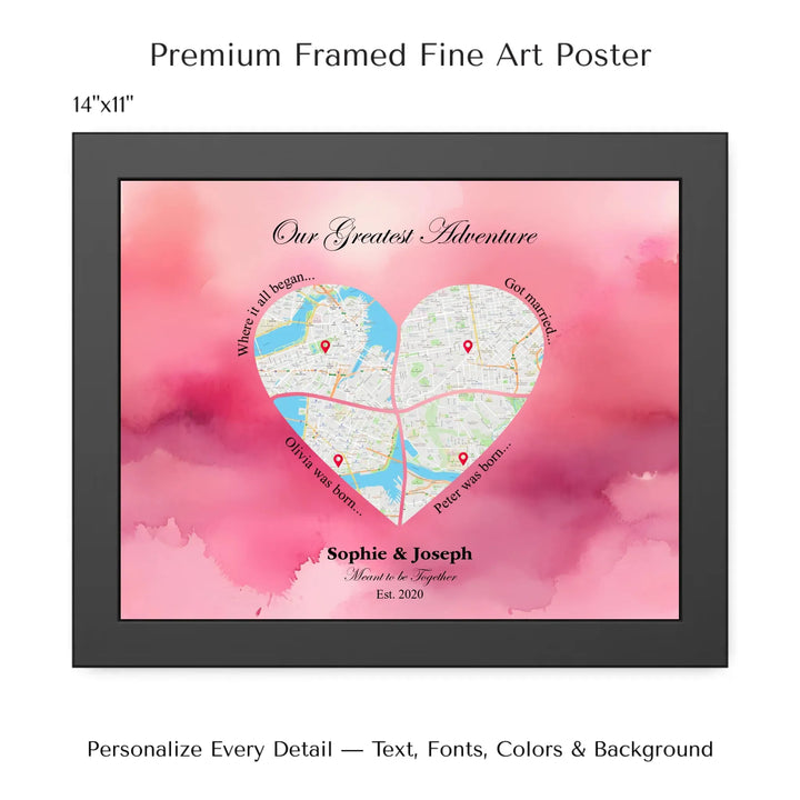 Personalized heart map print showing four meaningful locations with custom title, labels, names, and date - 14x11 framed poster-ARTFULANE
