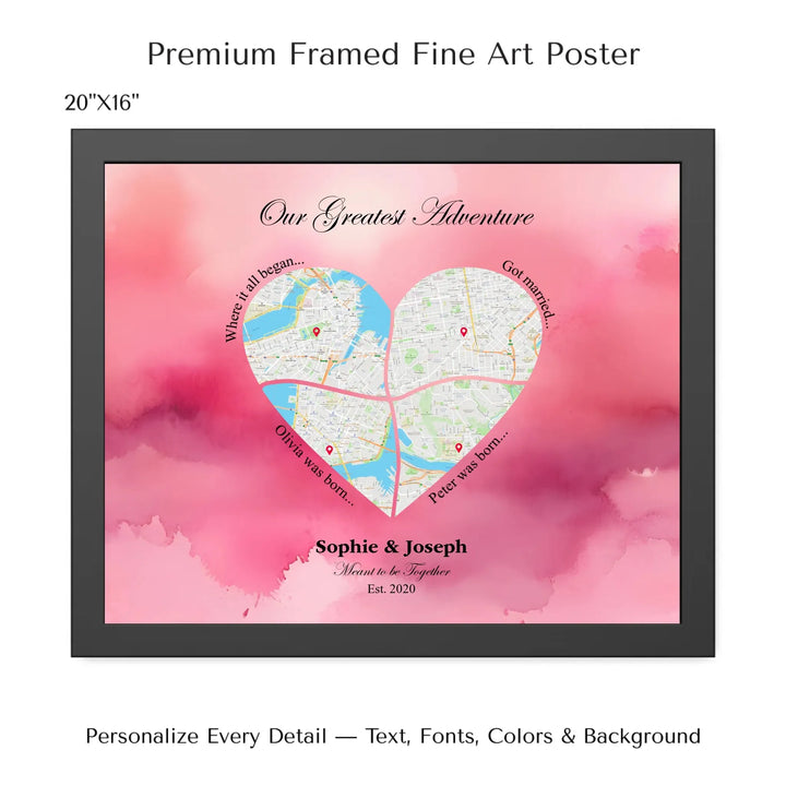 Personalized heart map print showing four meaningful locations with custom title, labels, names, and date - 20x16 framed poster-ARTFULANE