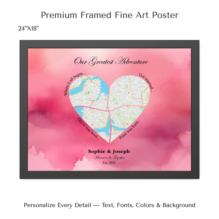 Personalized heart map print showing four meaningful locations with custom title, labels, names, and date - 24x18 framed poster-ARTFULANE
