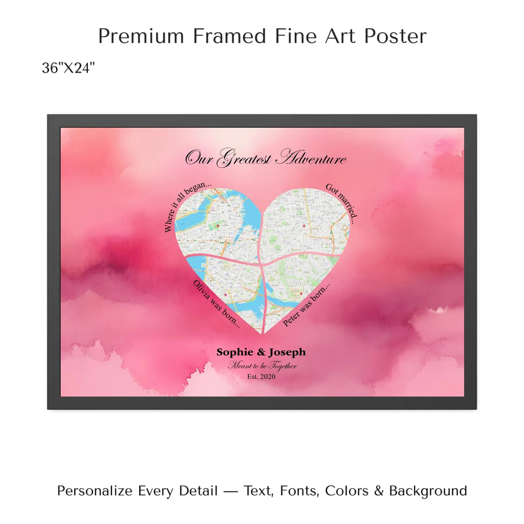 Personalized heart map print showing four meaningful locations with custom title, labels, names, and date - 36x24 framed poster-ARTFULANE