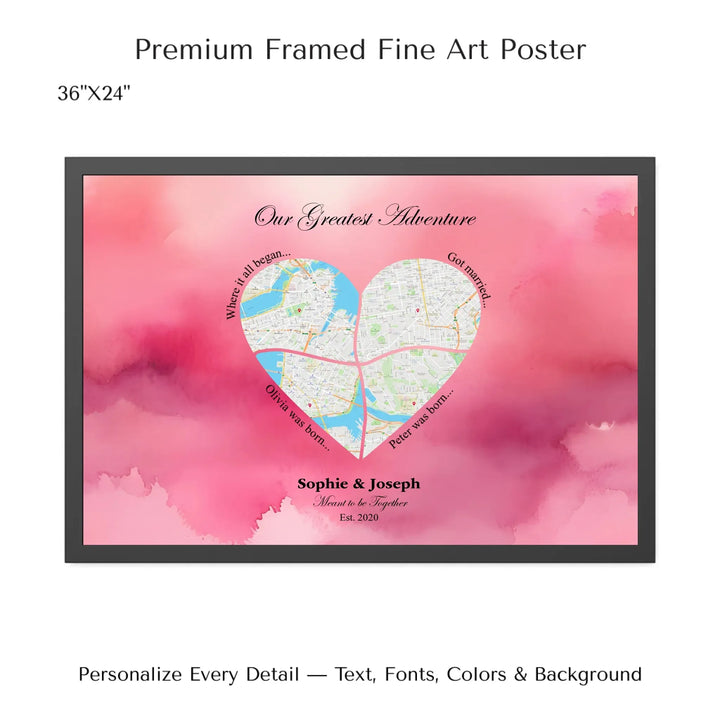 Personalized heart map print showing four meaningful locations with custom title, labels, names, and date - 36x24 framed poster-ARTFULANE