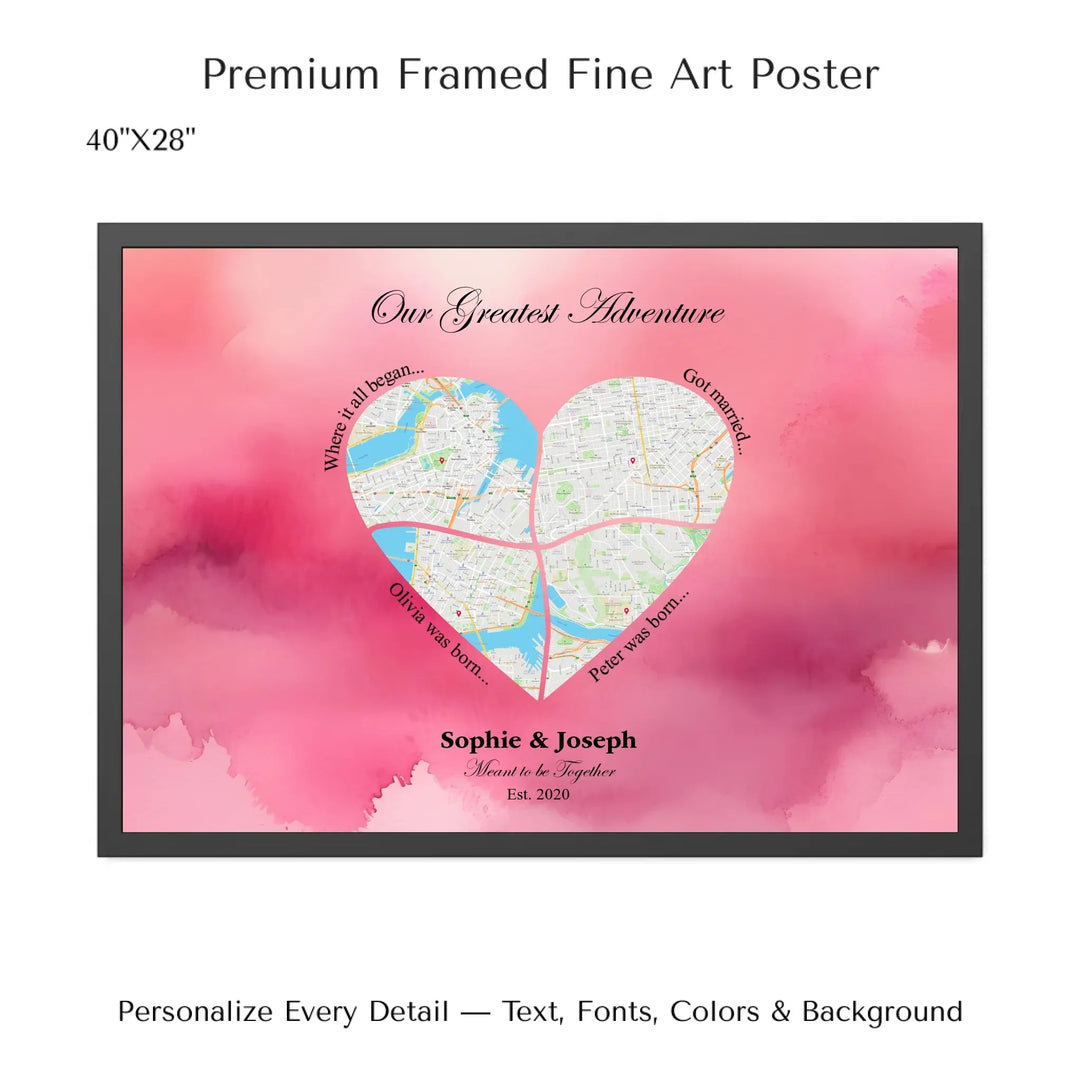 Personalized heart map print showing four meaningful locations with custom title, labels, names, and date - 40x28 framed poster-ARTFULANE