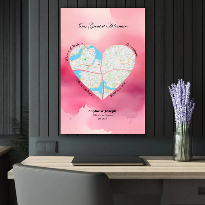 Personalized heart map print showing four meaningful locations with custom title, labels, names, and date - 24x36 acrylic print french with cleat context-ARTFULANE