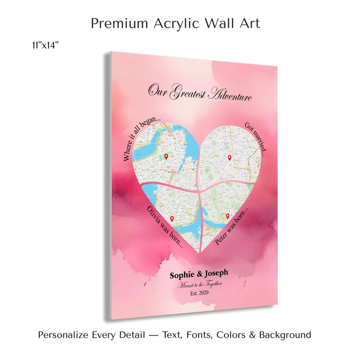 Personalized heart map print showing four meaningful locations with custom title, labels, names, and date - 11x14 acrylic print with french cleat-ARTFULANE