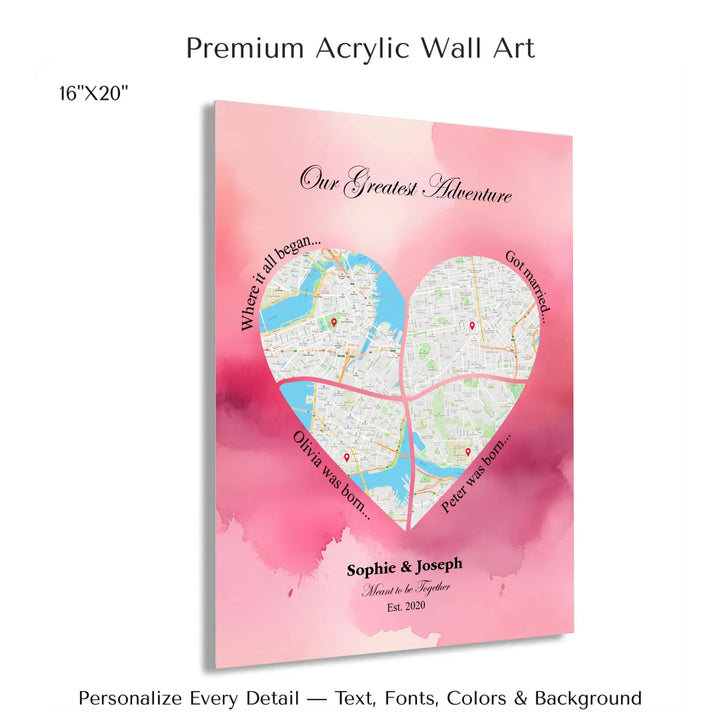 Personalized heart map print showing four meaningful locations with custom title, labels, names, and date - 16x20 acrylic print with french cleat-ARTFULANE