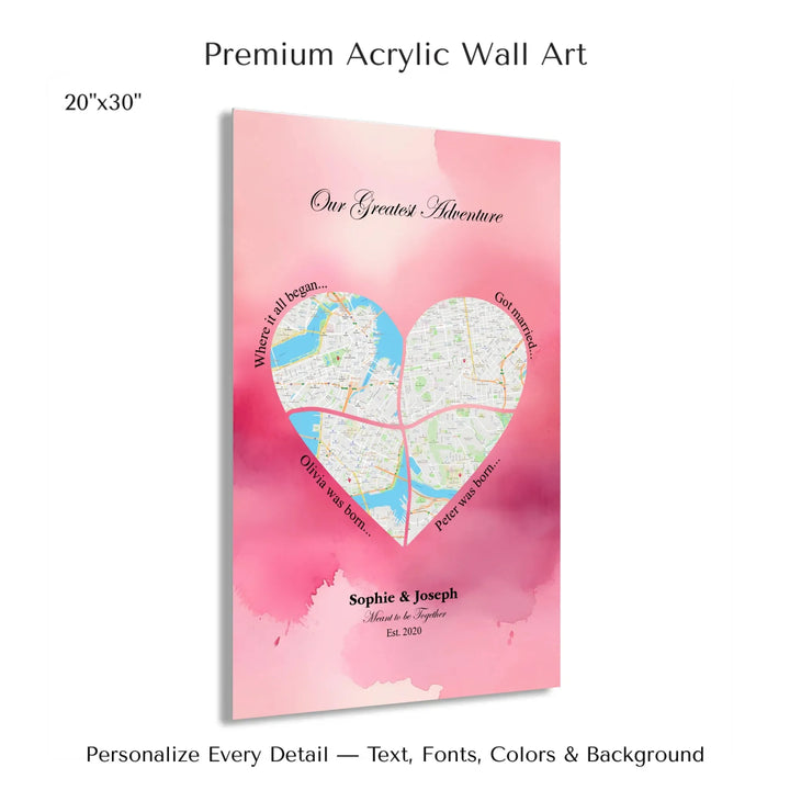 Personalized heart map print showing four meaningful locations with custom title, labels, names, and date - 20x30 acrylic print with french cleat-ARTFULANE