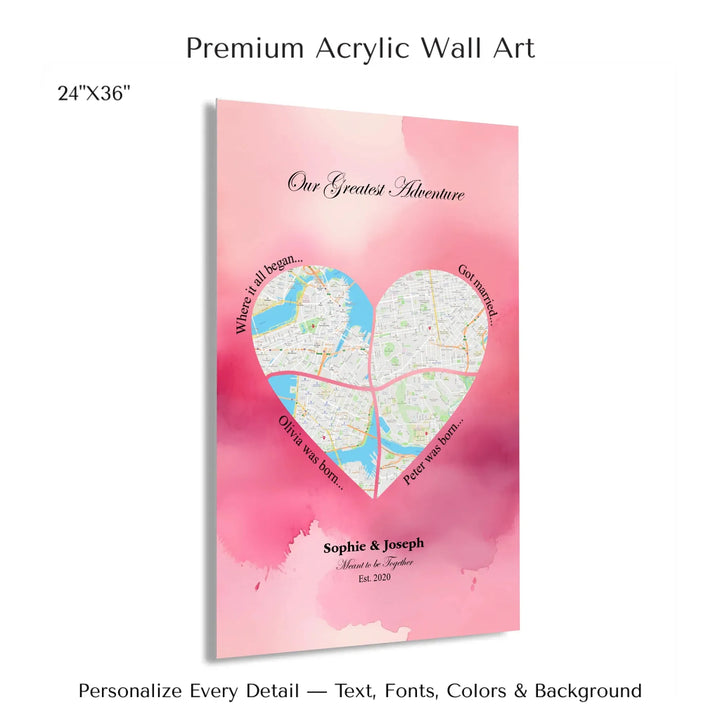 Personalized heart map print showing four meaningful locations with custom title, labels, names, and date - 24x36 acrylic print with french cleat-ARTFULANE