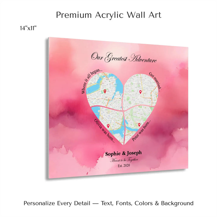 Personalized heart map print showing four meaningful locations with custom title, labels, names, and date - 14x11 acrylic print with french cleat-ARTFULANE