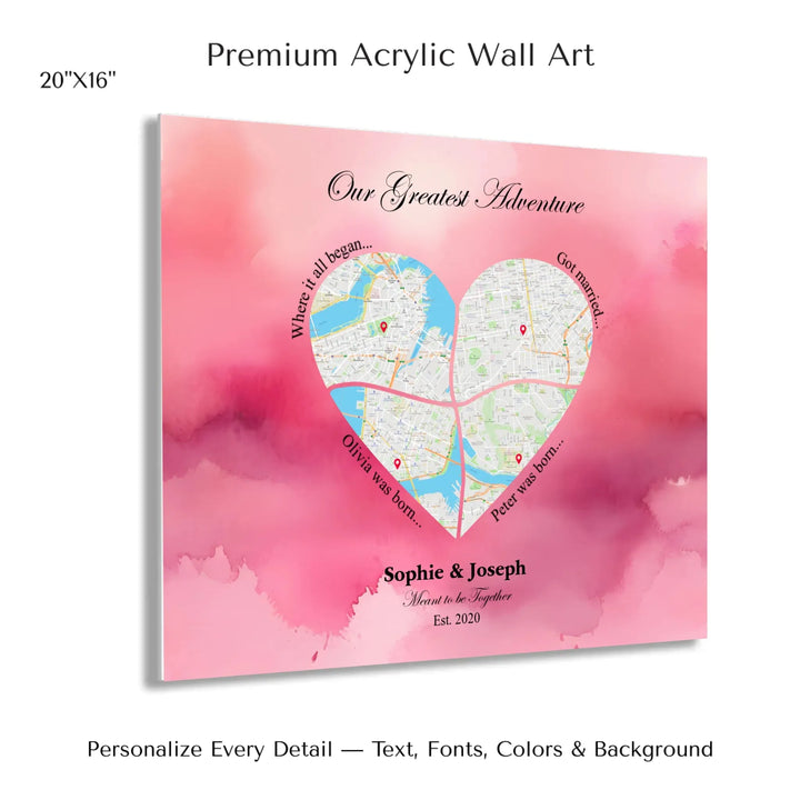 Personalized heart map print showing four meaningful locations with custom title, labels, names, and date - 20x16 acrylic print with french cleat-ARTFULANE