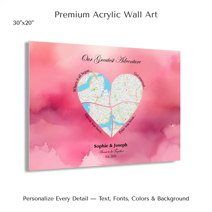 Personalized heart map print showing four meaningful locations with custom title, labels, names, and date - 30x20 acrylic print with french cleat-ARTFULANE