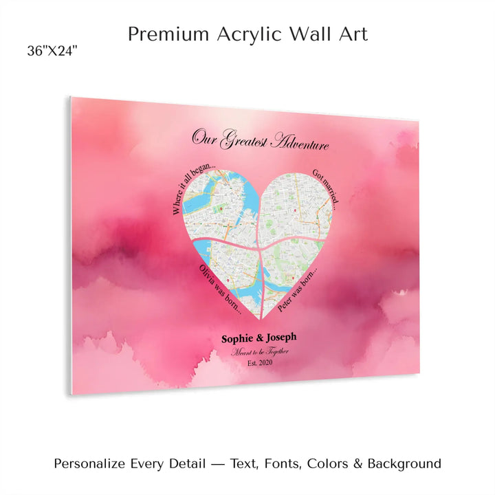 Personalized heart map print showing four meaningful locations with custom title, labels, names, and date - 36x24 acrylic print with french cleat-ARTFULANE