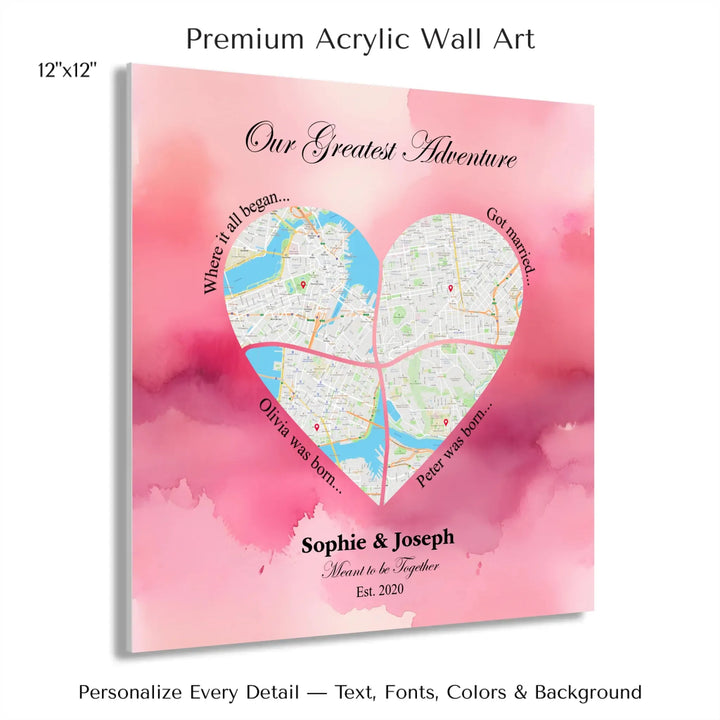Personalized heart map print showing four meaningful locations with custom title, labels, names, and date - 12x12 acrylic print with french cleat-ARTFULANE