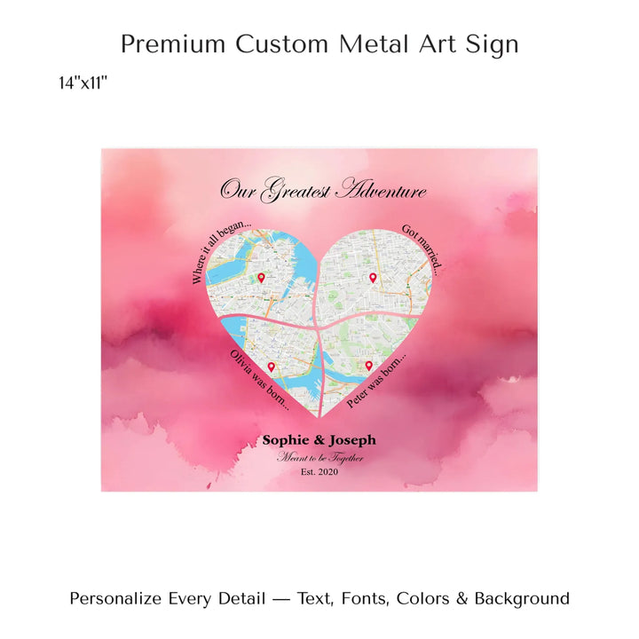 Personalized heart map print showing four meaningful locations with custom title, labels, names, and date - 14x11 metal art sign-ARTFULANE