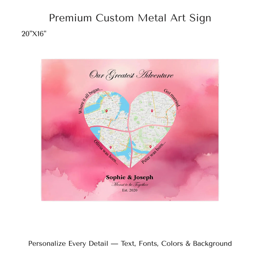 Personalized heart map print showing four meaningful locations with custom title, labels, names, and date - 20x16 metal art sign-ARTFULANE
