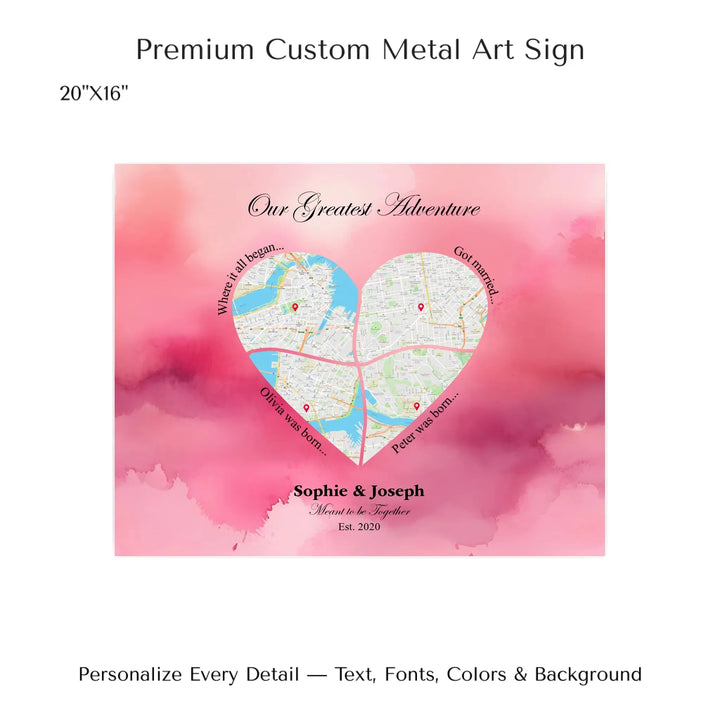Personalized heart map print showing four meaningful locations with custom title, labels, names, and date - 20x16 metal art sign-ARTFULANE