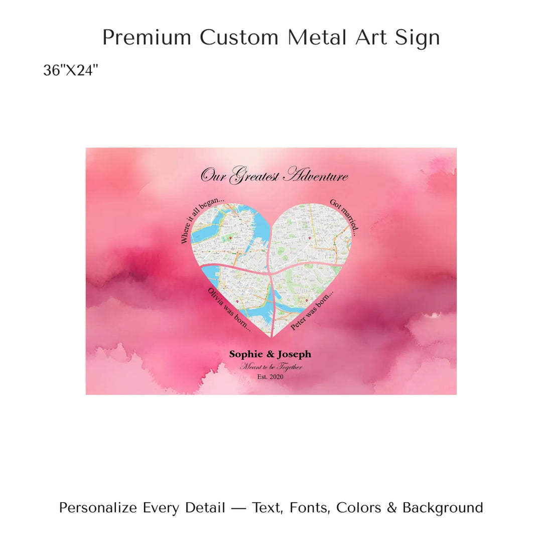 Personalized heart map print showing four meaningful locations with custom title, labels, names, and date - 36x24 metal art sign-ARTFULANE