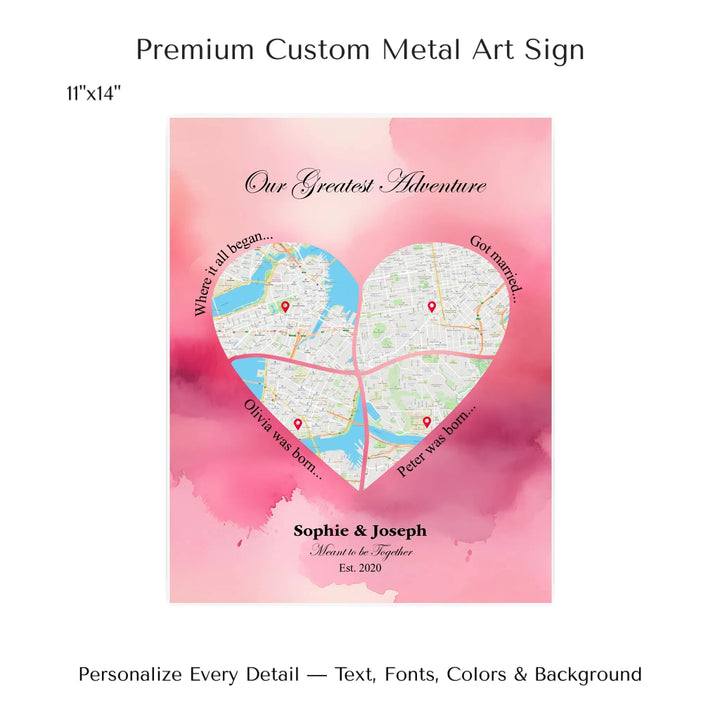 Personalized heart map print showing four meaningful locations with custom title, labels, names, and date - 11x14 metal art sign-ARTFULANE