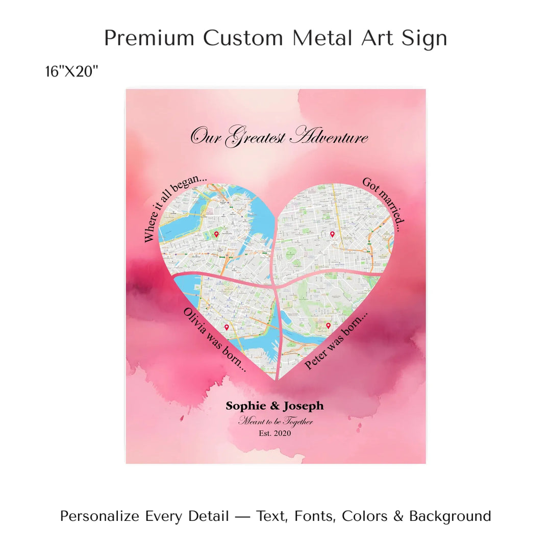 Personalized heart map print showing four meaningful locations with custom title, labels, names, and date - 16x20 metal art sign-ARTFULANE