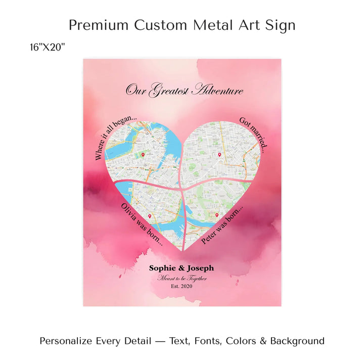 Personalized heart map print showing four meaningful locations with custom title, labels, names, and date - 16x20 metal art sign-ARTFULANE
